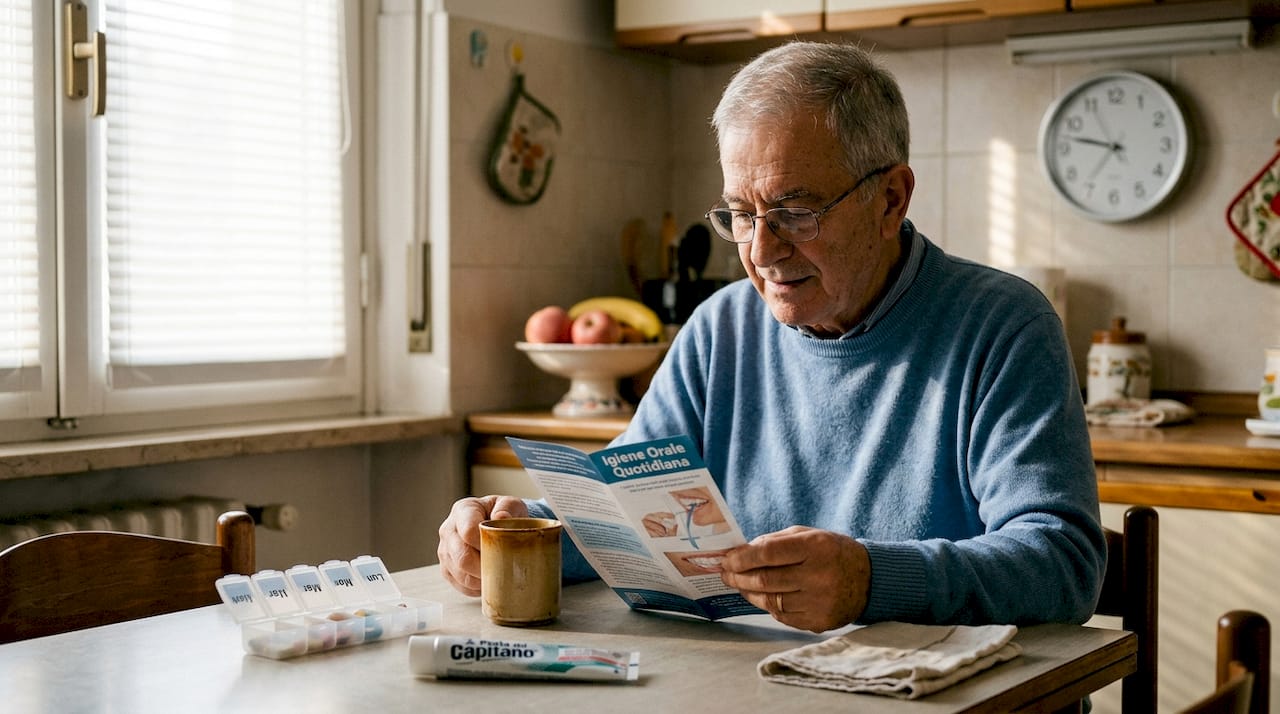 Un uomo anziano seduto al tavolo della cucina sfoglia con attenzione un opuscolo dedicato alla salute della bocca.