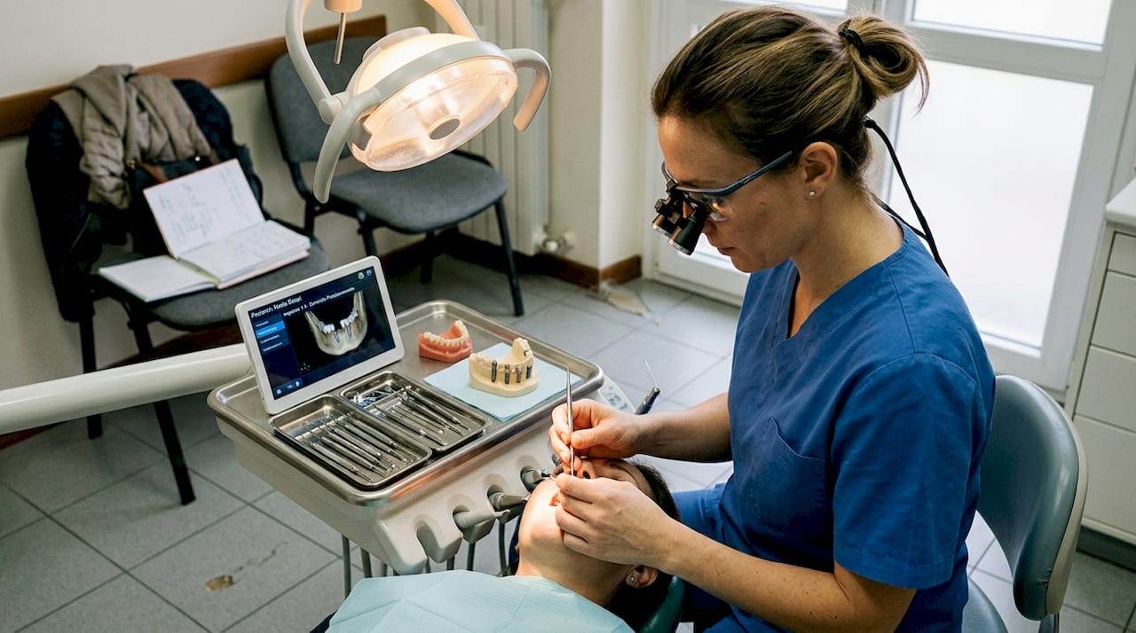 Il dentista sta effettuando una regolazione sull’impianto del paziente.