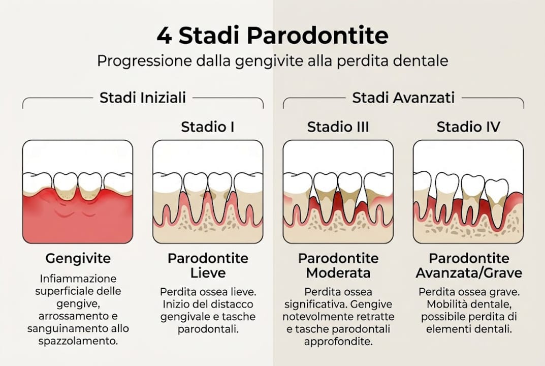 Scopri, attraverso un’infografica, le quattro fasi principali della parodontite e come riconoscerle.