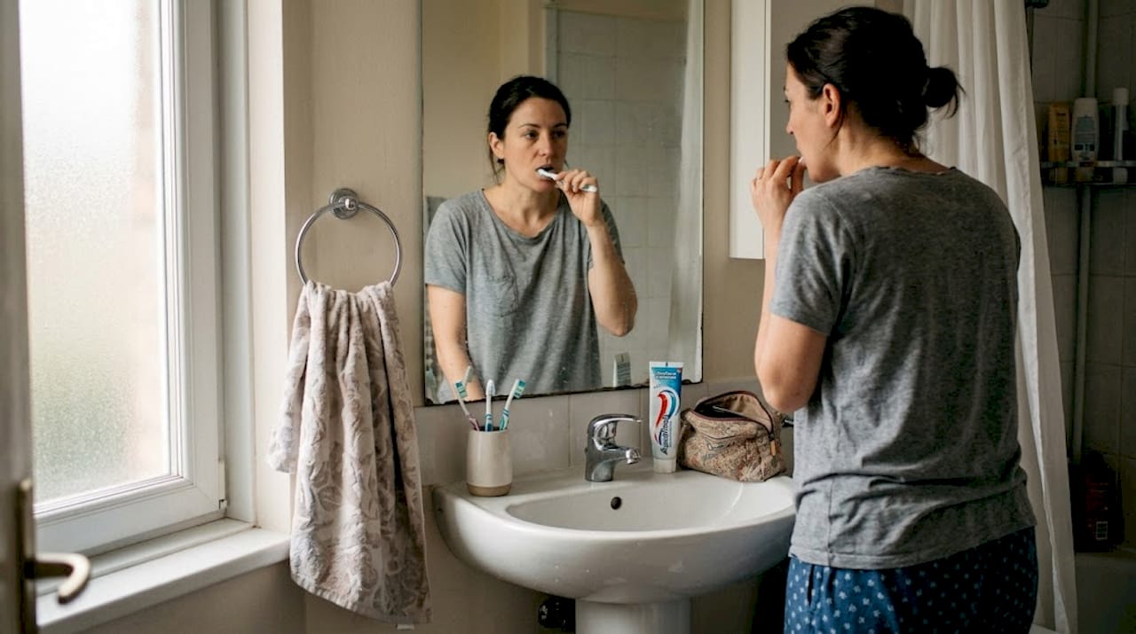 Donna che si prende cura della propria igiene orale a casa