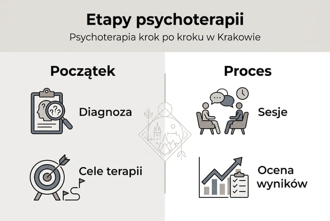 Schemat ilustrujący kolejne kroki w procesie psychoterapii