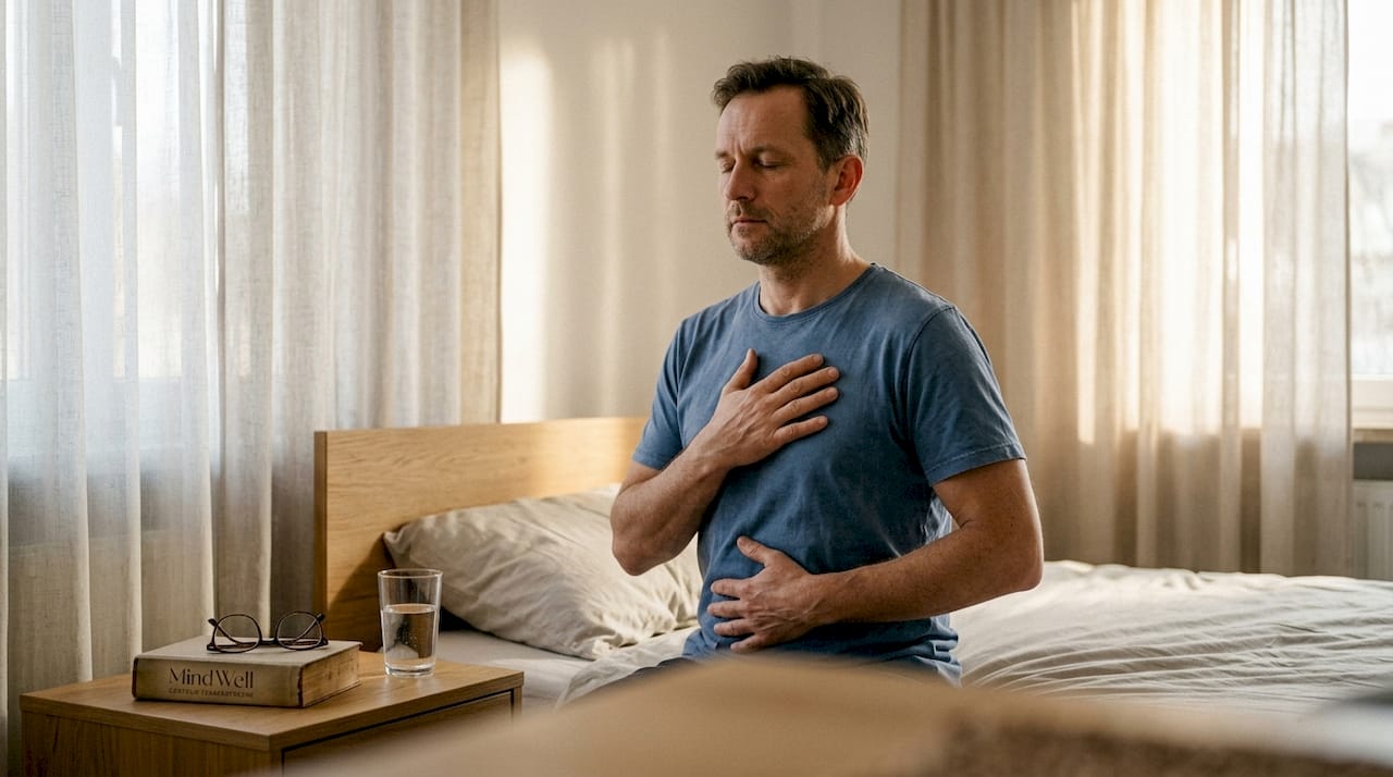 Mężczyzna codziennie wykonuje ćwiczenia oddechowe, siedząc na łóżku.