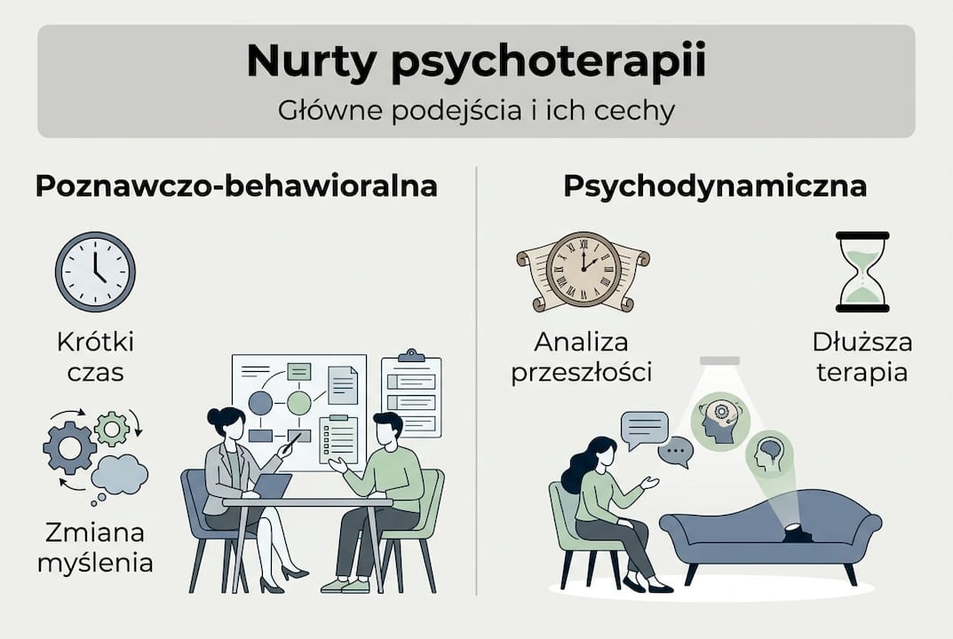 Infografika przedstawiająca najważniejsze nurty w psychoterapii
