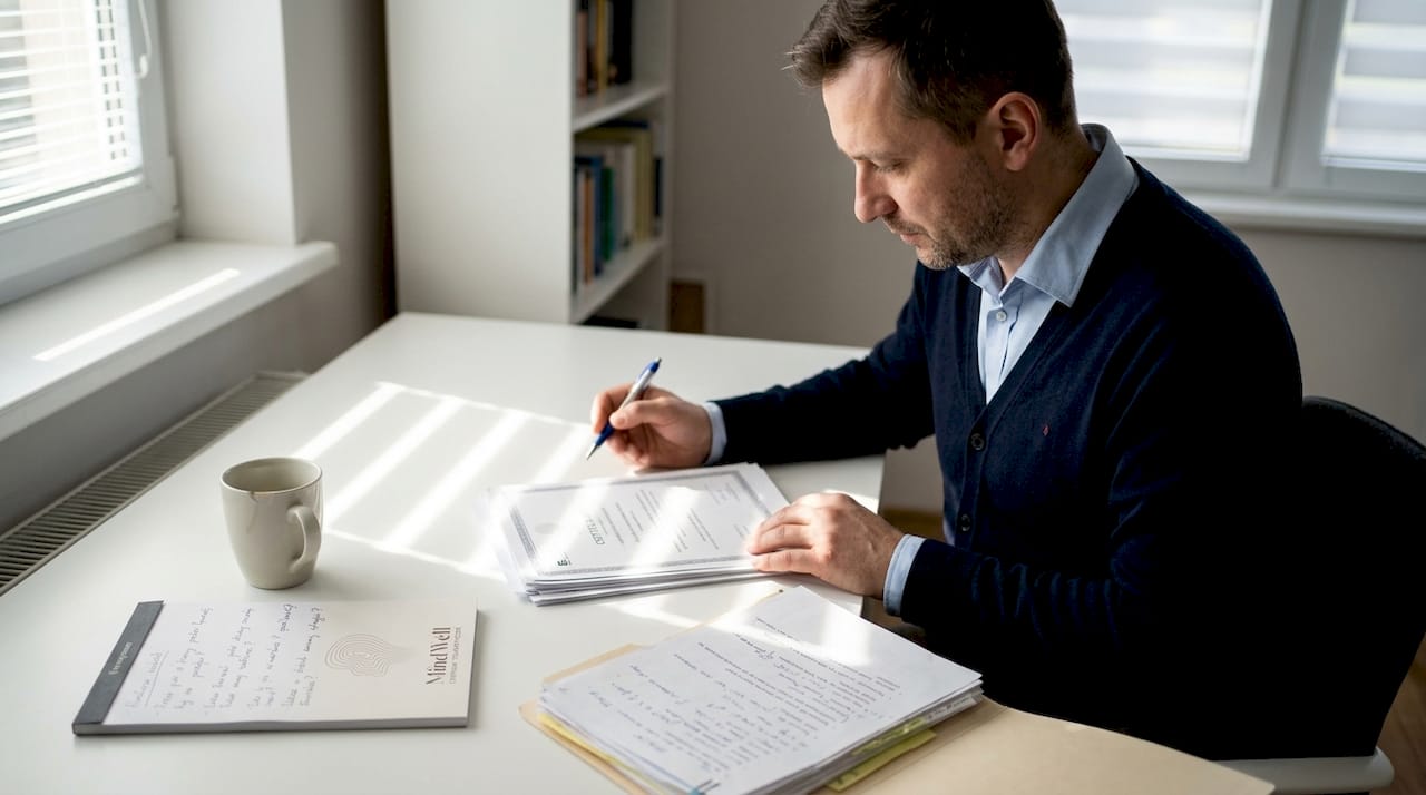 Terapeuta przegląda dokumentację z odbytych superwizji oraz sporządzone notatki.