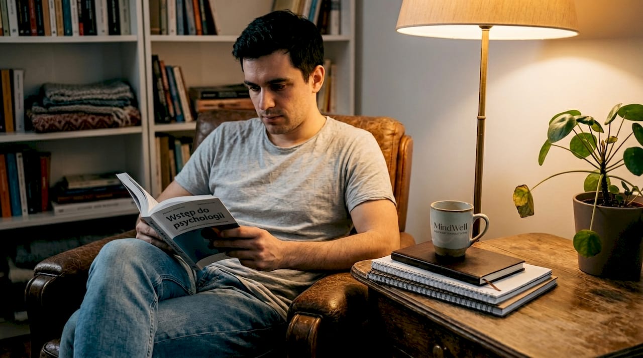 Mężczyzna pogrążony w lekturze książki o psychologii w zaciszu własnego domu.