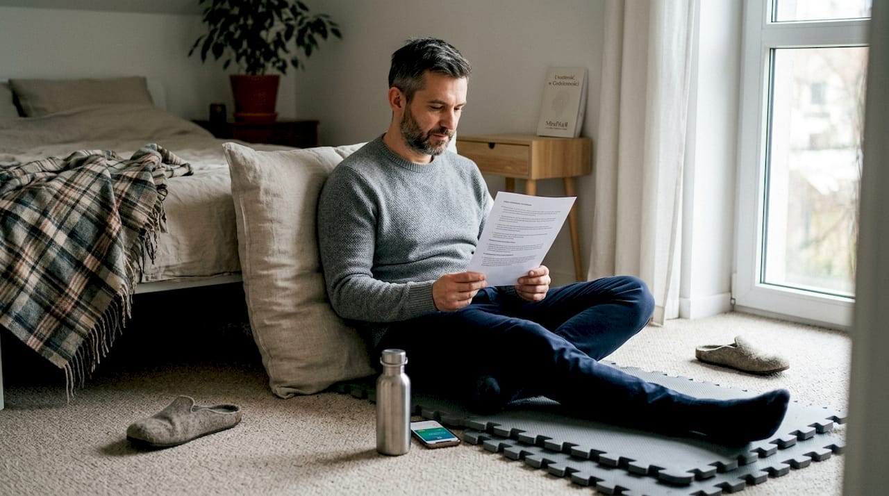 Mężczyzna odpręża się w swojej sypialni, wykonując ćwiczenia relaksacyjne.