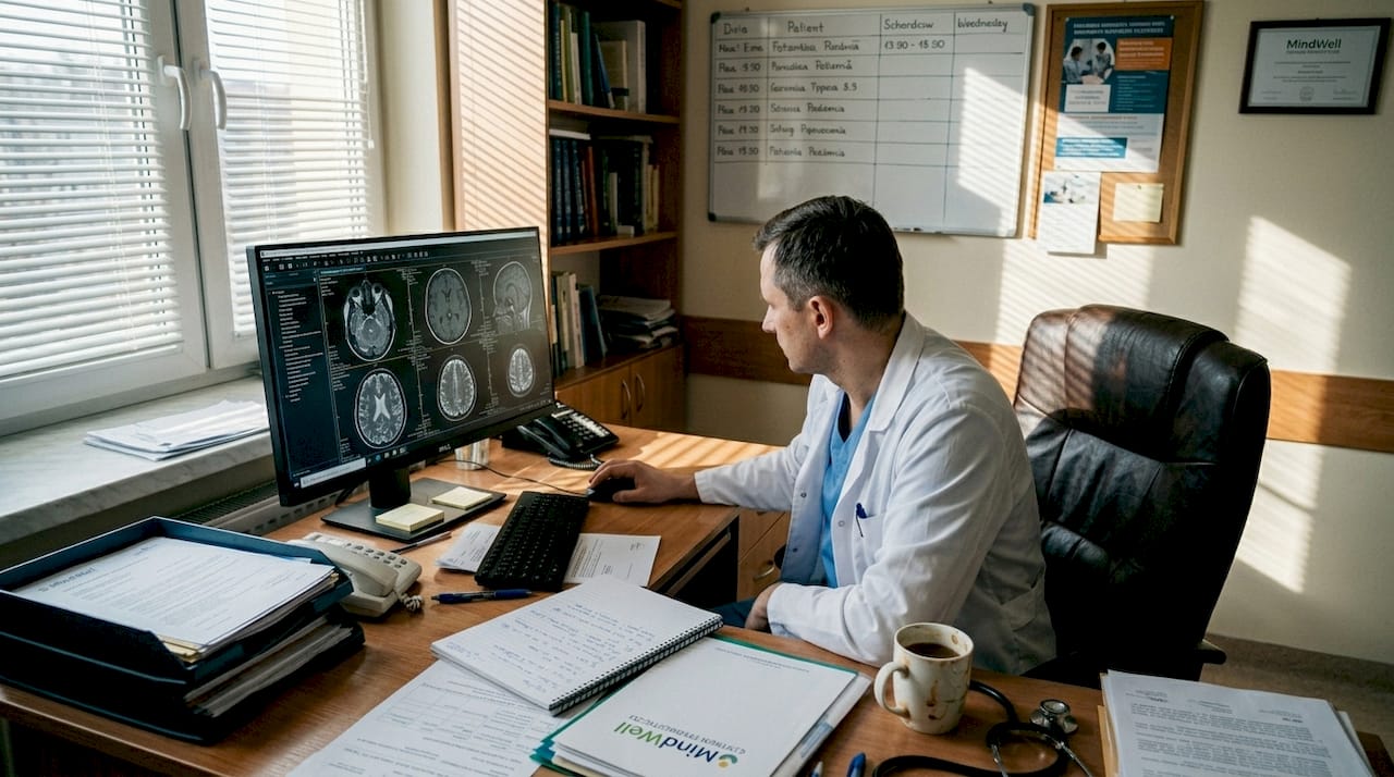 Przy swoim biurku lekarz dokładnie przygląda się zdjęciu mózgu.