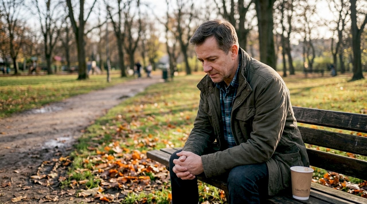 Samotny mężczyzna siedzi na ławce w parku, otoczony jesienną aurą.