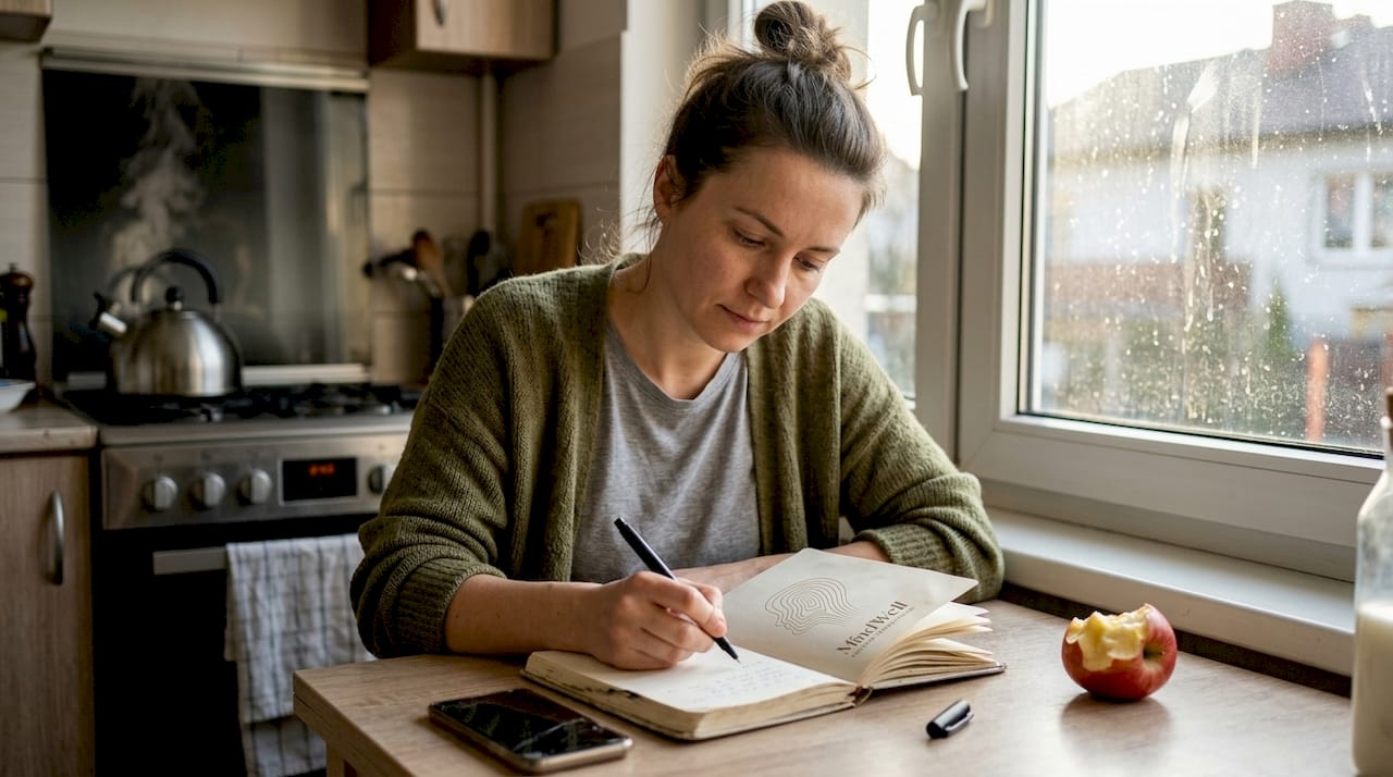 Siedząc przy kuchennym stole, kobieta zapisuje swoje myśli w dzienniku.
