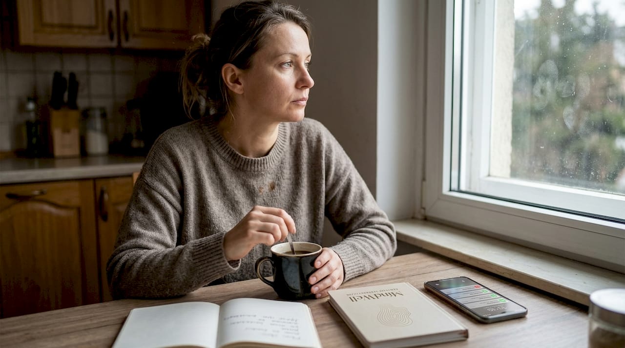 Kobieta siedzi przy kuchennym stole, pogrążona w swoich myślach i uczuciach.