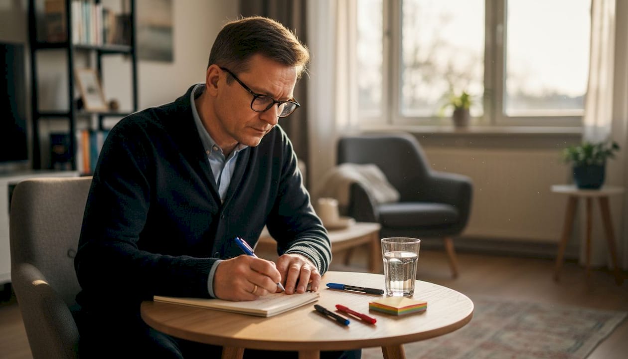 Psycholog sporządza notatki podczas spotkania przy stole.