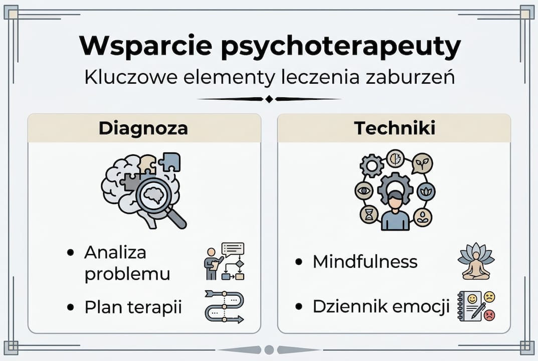 Infografika przedstawia, na czym polega wsparcie udzielane przez psychoterapeutę.