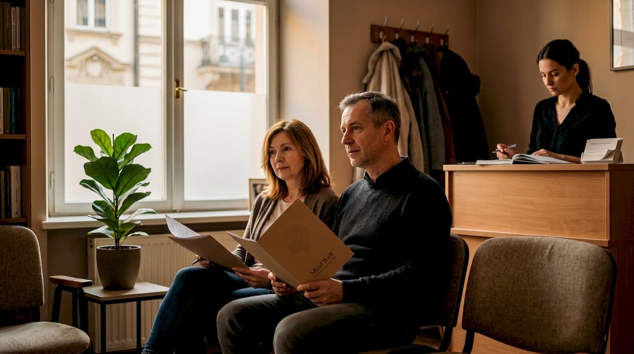 Małżeństwo czeka na swoją wizytę w poczekalni u terapeuty.