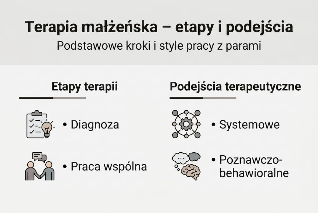 Infografika przedstawiająca przebieg oraz różne metody pracy stosowane w terapii par