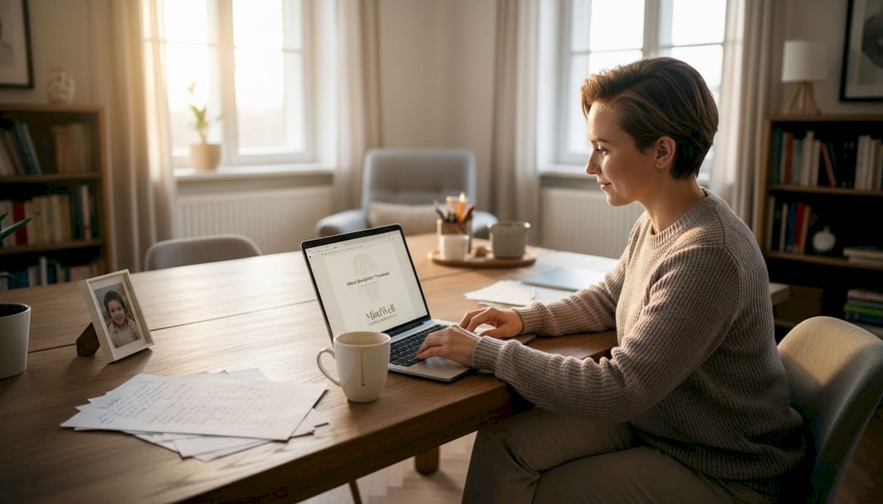 Przy biurku psycholog uważnie przegląda dokumentację.