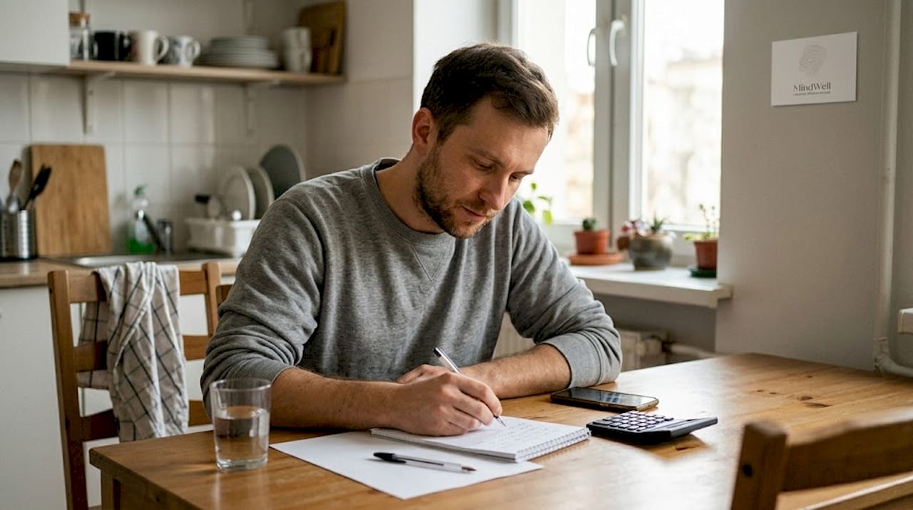 Mężczyzna odrabia zadanie domowe zlecone przez terapeutę.