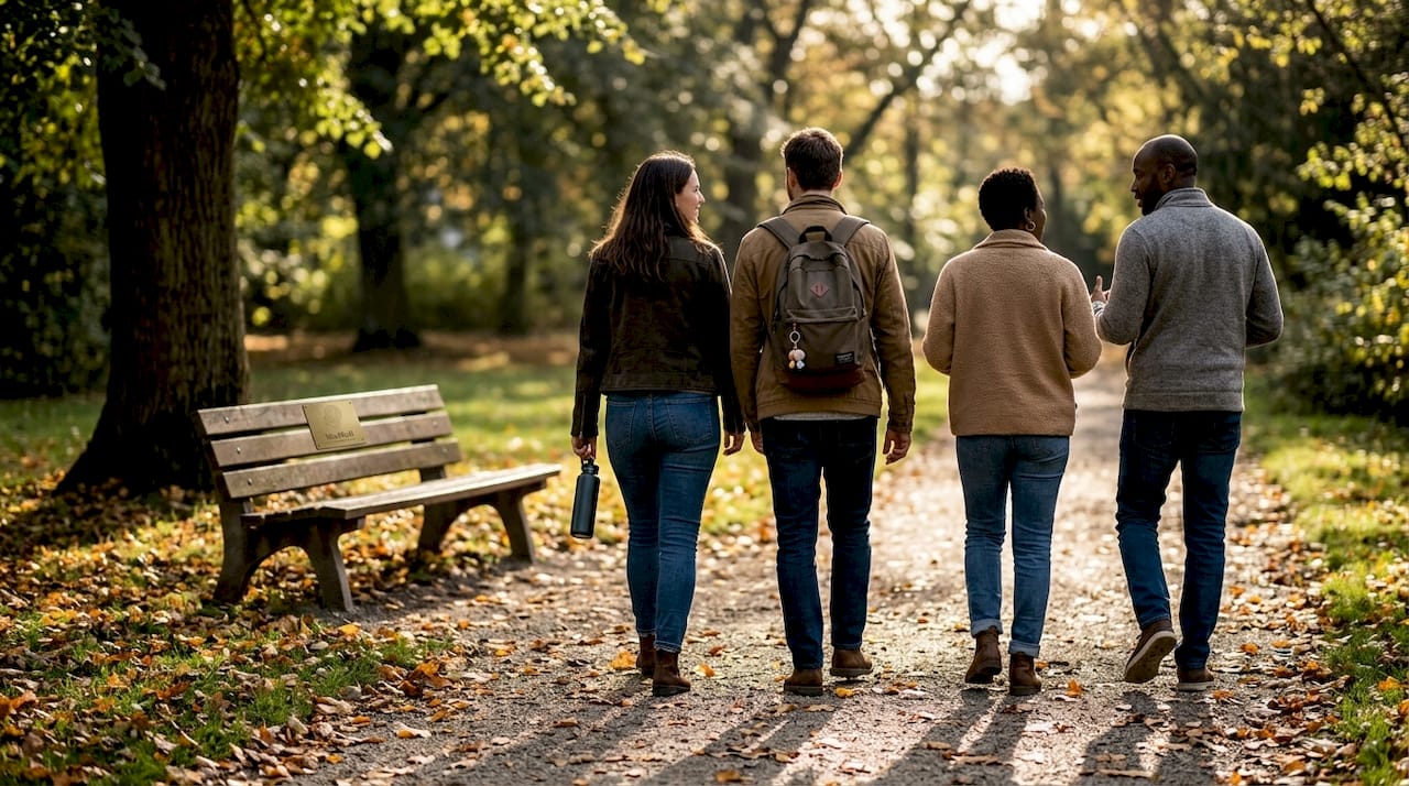 Grupa wsparcia spędza razem czas na wspólnym spacerze po parku.