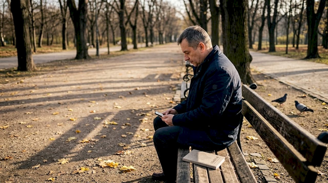 Mężczyzna siedzi na ławce w parku, pogrążony w jesiennym nastroju.