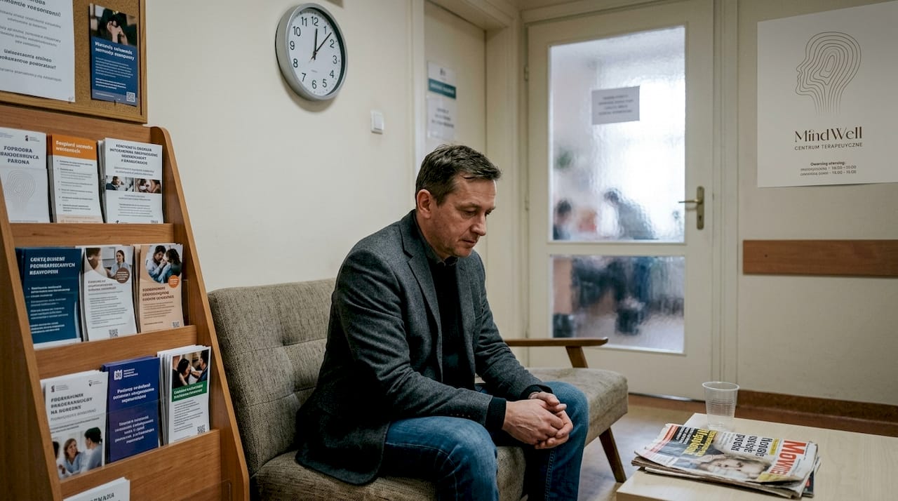W poczekalni ośrodka wsparcia siedzi mężczyzna i czeka na swoją kolej.