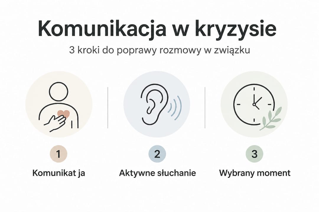 Grafika przedstawiająca trzy kluczowe etapy komunikacji podczas sytuacji kryzysowej