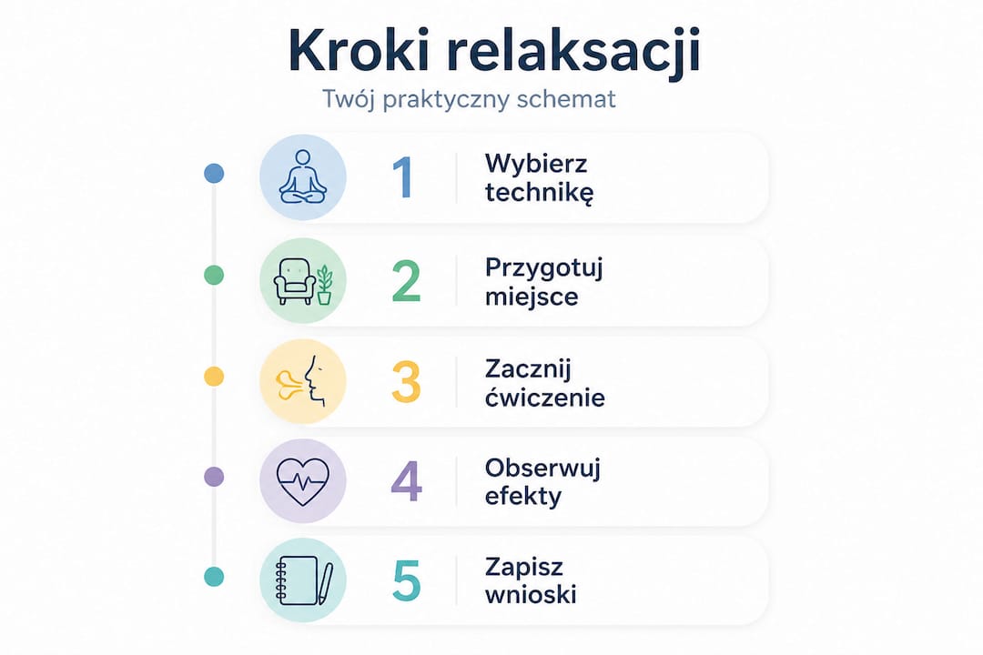 Infografika pokazująca krok po kroku, jak wprowadzić techniki relaksacyjne