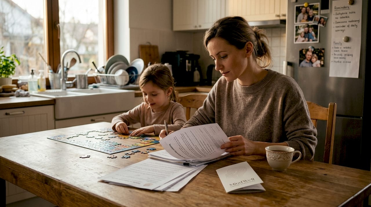 Mama i córka spędzają wieczór przy kuchennym stole, na którym piętrzą się różne domowe drobiazgi.