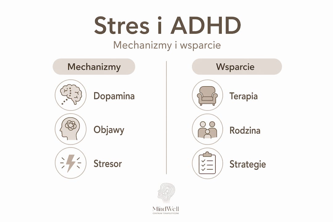 Infografika obrazująca, jak stres wpływa na osoby z ADHD i jakie formy wsparcia mogą im pomóc