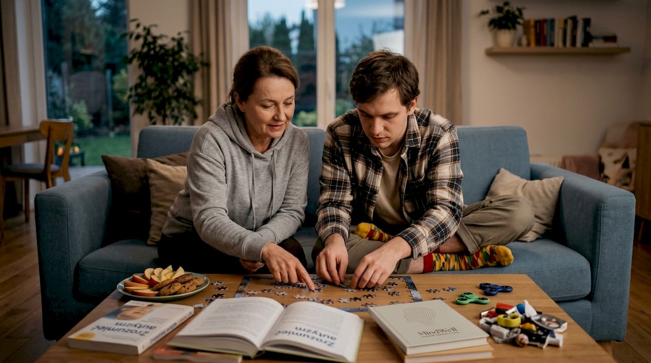 Mama razem z dorosłym synem układają puzzle w domu, ciesząc się wspólnie spędzonym czasem.