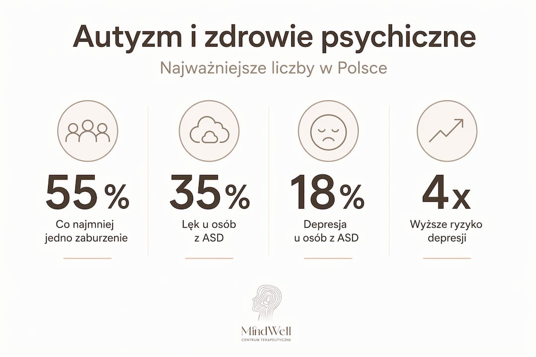 Grafika ilustrująca najważniejsze dane dotyczące autyzmu oraz zdrowia psychicznego
