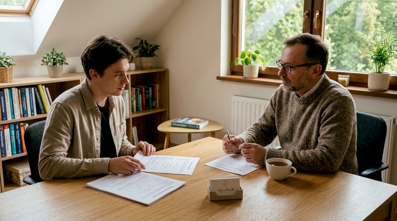 Terapeuta i pacjent omawiają wstępne dokumenty przy niewielkim stoliku.