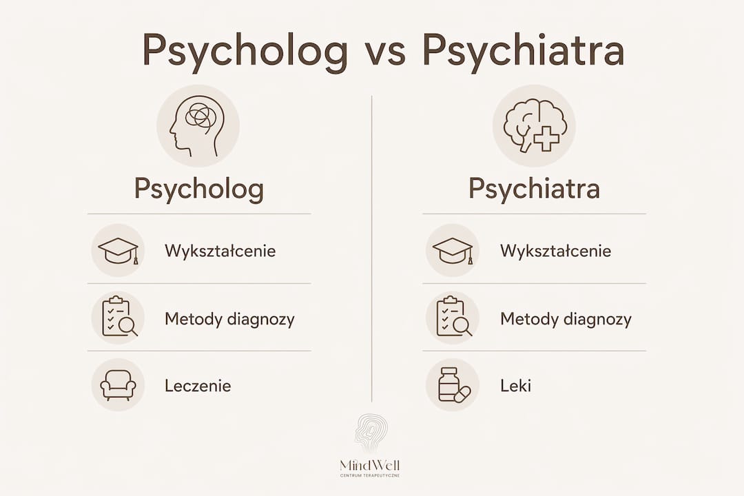 Infografika pokazująca różnice między psychologiem a psychiatrą