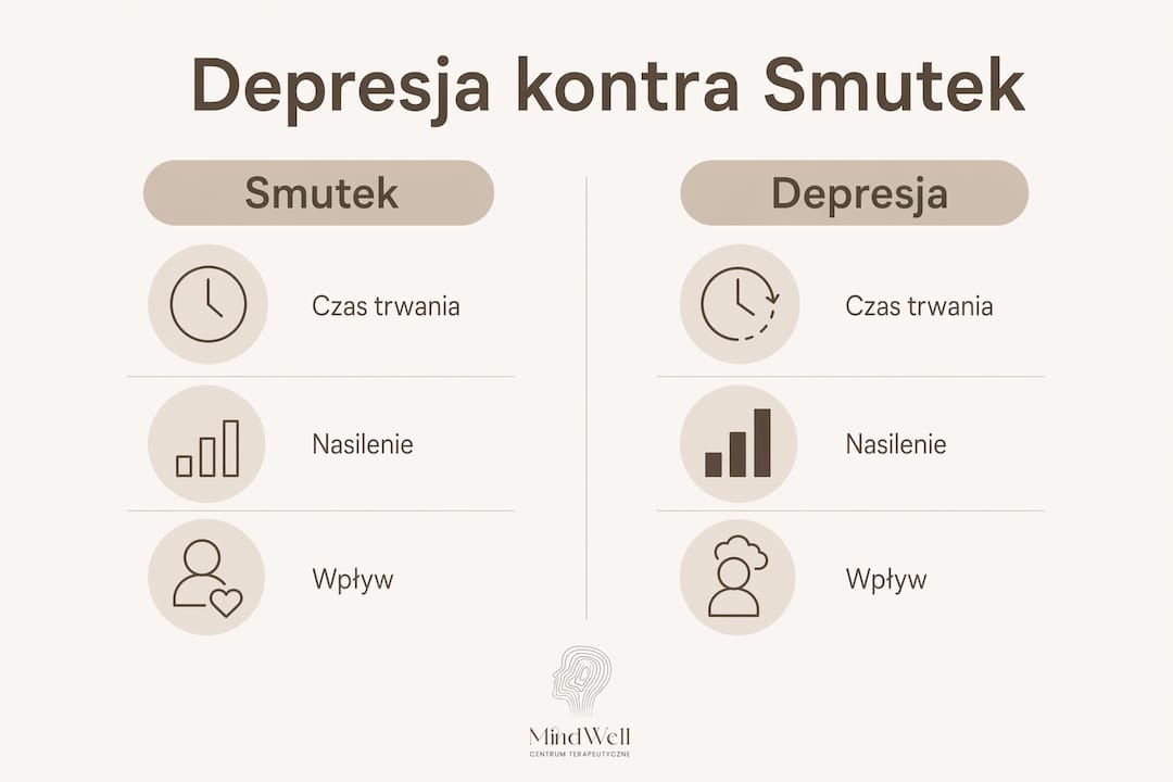 Infografika pokazująca różnice między depresją a zwykłym smutkiem