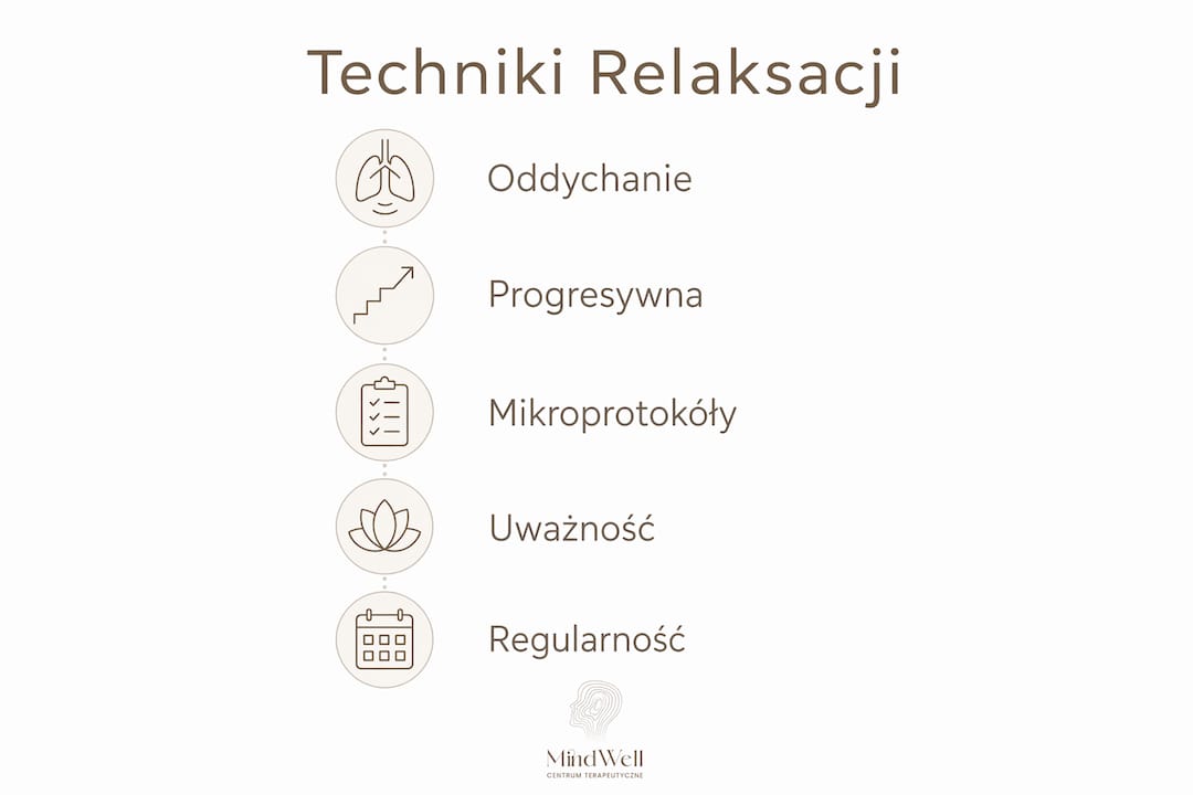 Grafika pokazująca, jak krok po kroku stosować techniki relaksacyjne