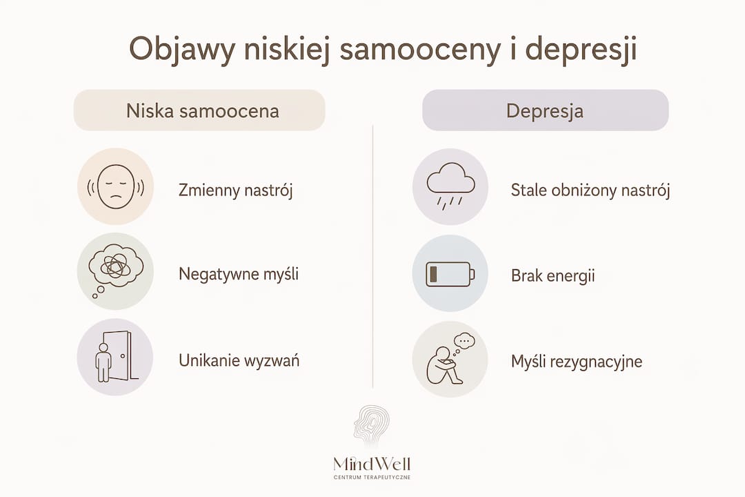 Infografika przedstawiająca typowe sygnały obniżonej samooceny oraz objawy depresji