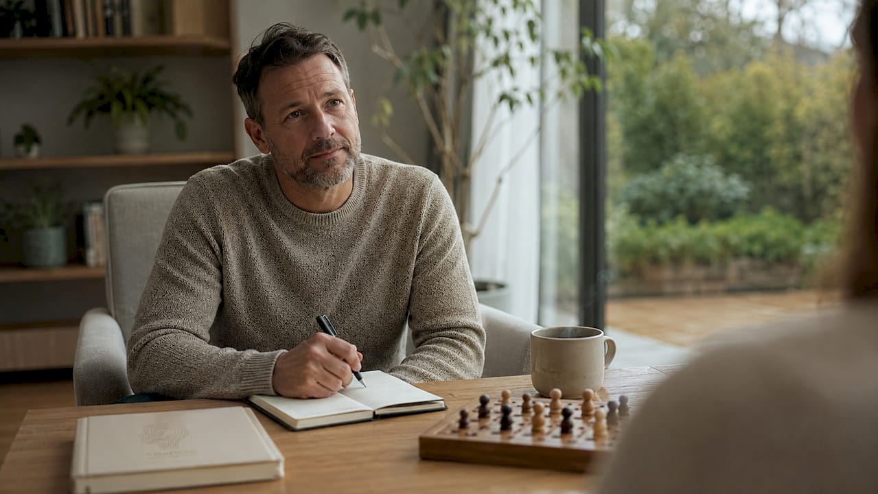 Psycholog uważnie słucha swojego pacjenta podczas sesji terapeutycznej.