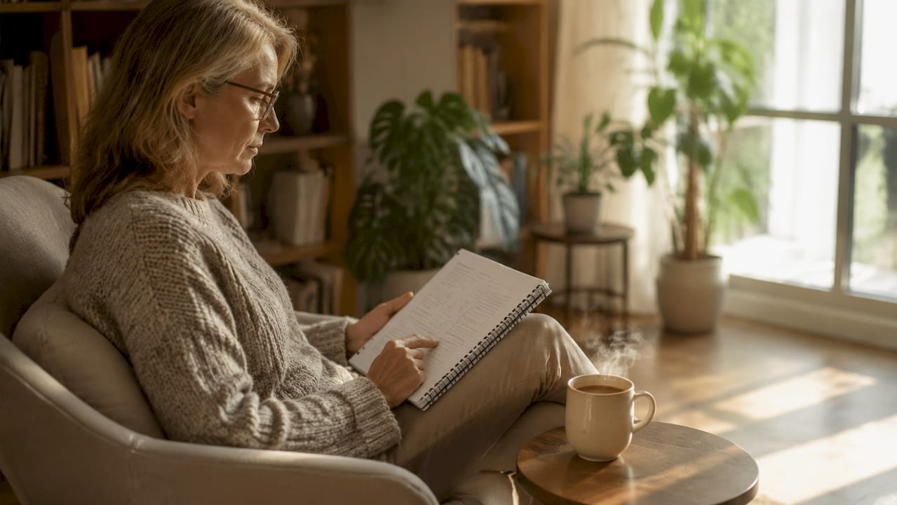 Widok z góry na biurko terapeuty z notatkami i akcesoriami do pracy
