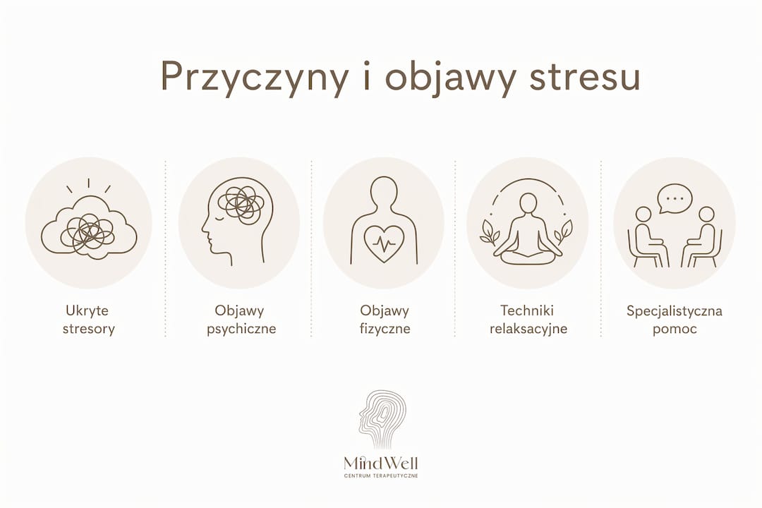 Infografika pokazująca, skąd bierze się stres, jakie daje sygnały i jak sobie z nim skutecznie radzić