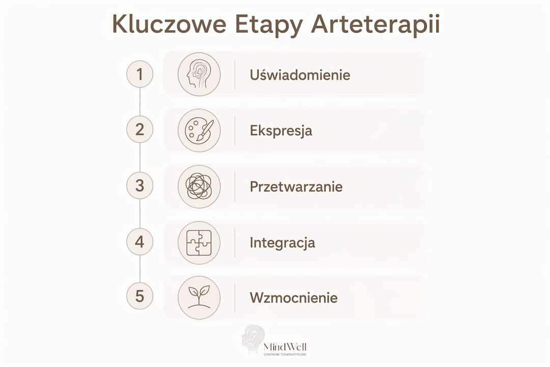 Grafika pokazująca kolejne fazy procesu arteterapii
