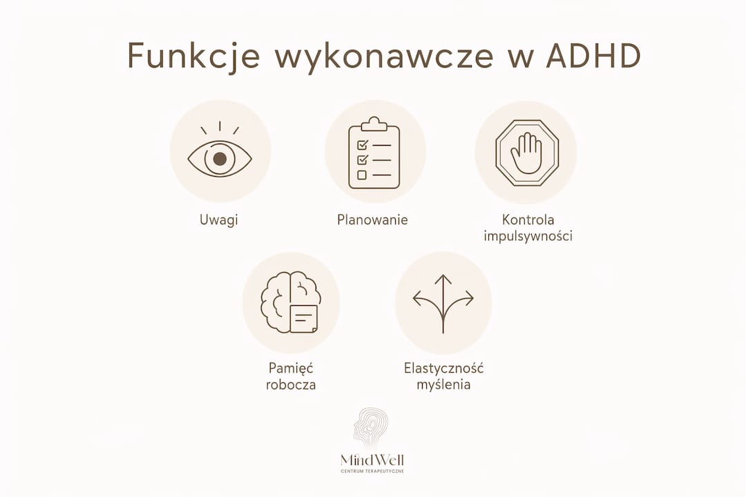 Infografika przedstawiająca, jak poszczególne etapy funkcji wykonawczych wyglądają u osób z ADHD