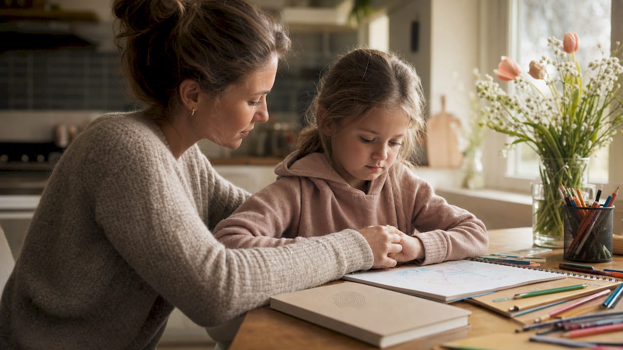 Mama tuli i uspokaja swoje zaniepokojone dziecko w domowym zaciszu.