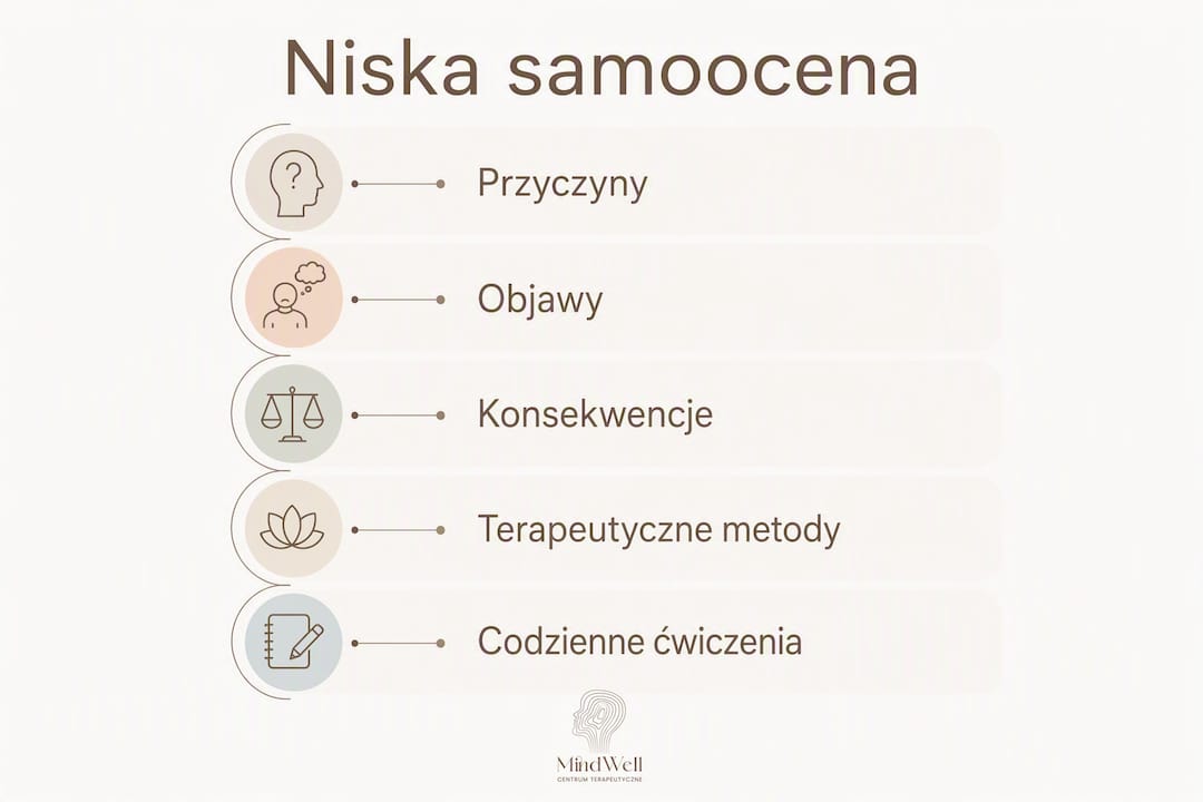 Infografika przedstawiająca, jak rozwija się niska samoocena oraz co można zrobić, by ją wzmocnić