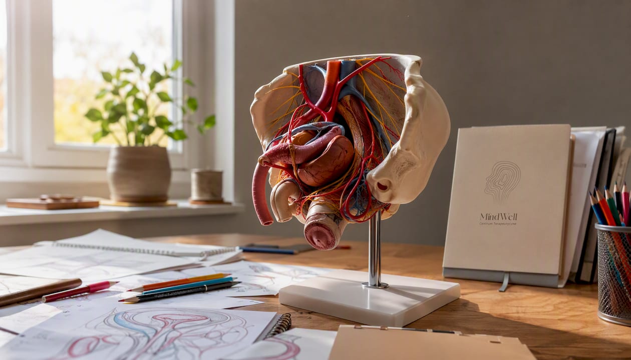 Model anatomiczny ukazujący przebieg tętnic i nerwów miednicy