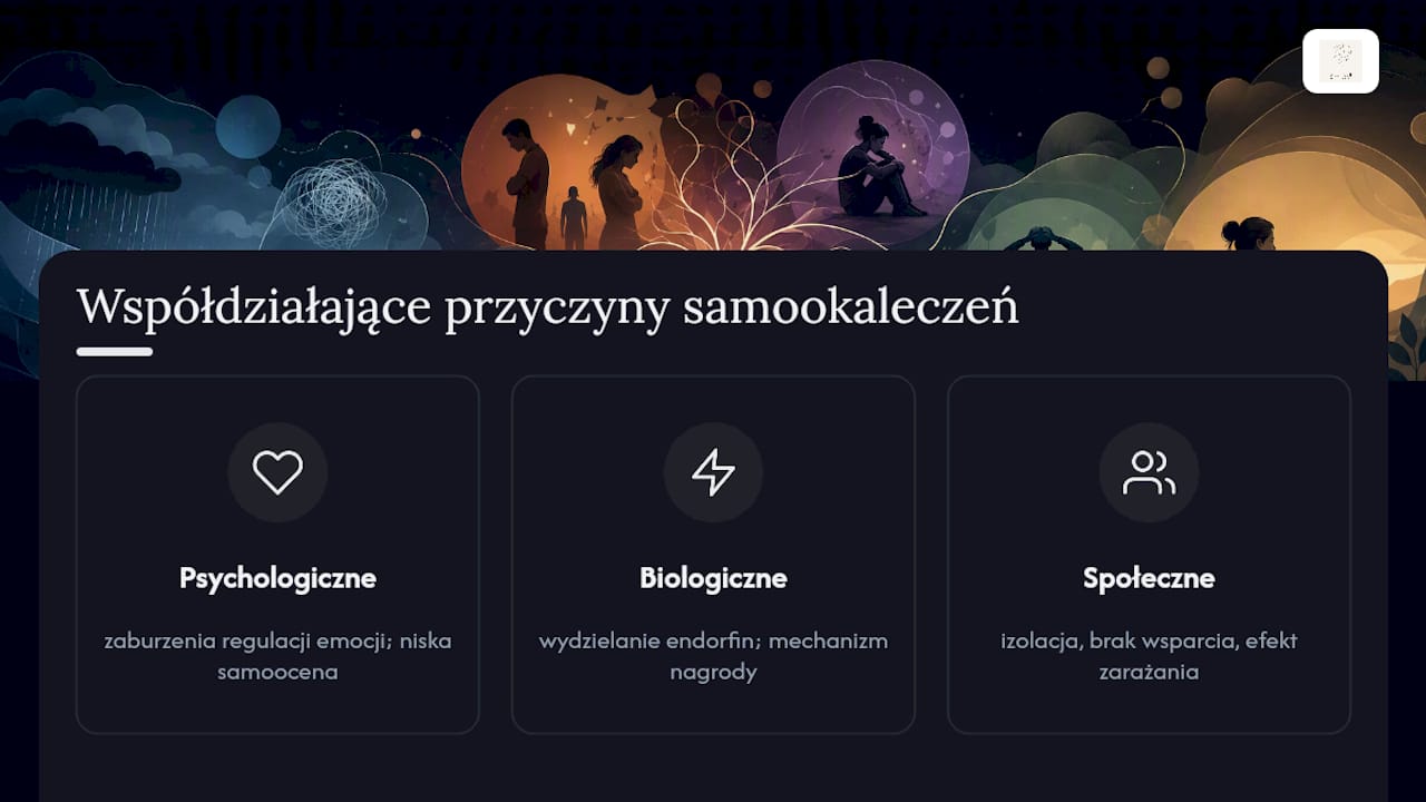 Schemat przedstawiający psychologiczne, biologiczne i społeczne przyczyny samookaleczeń