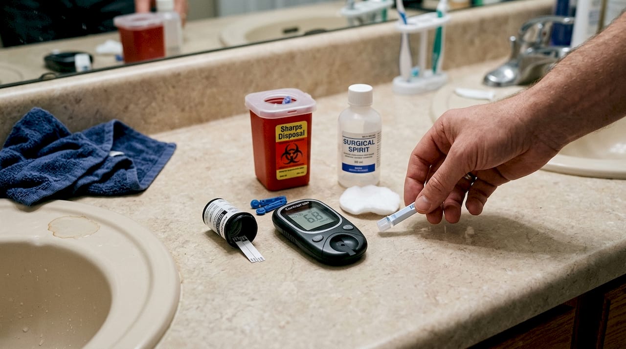 Glucometer and supplies on cluttered counter