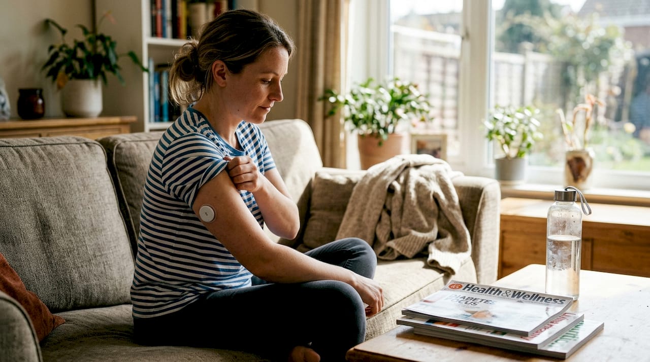 Woman using continuous glucose monitor at home