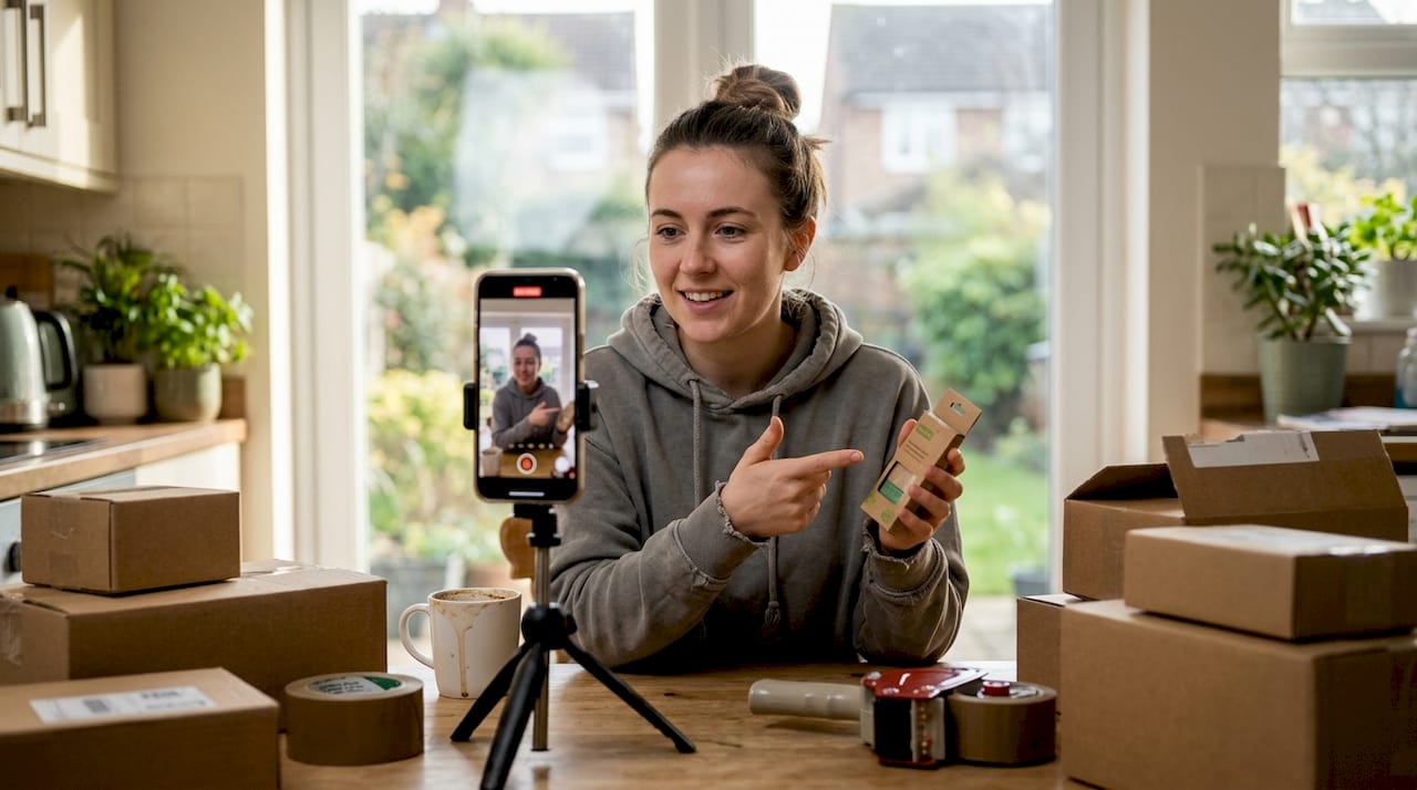 Woman filming product demo with smartphone