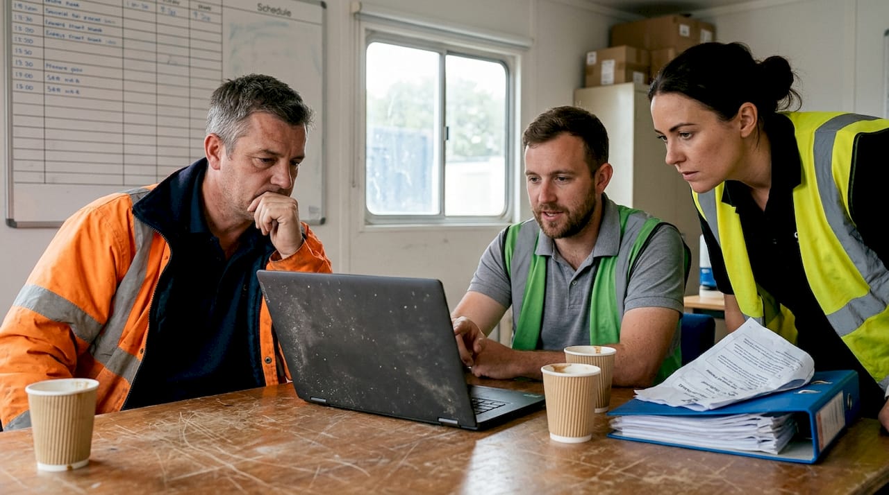 Team reviews construction drone footage in trailer