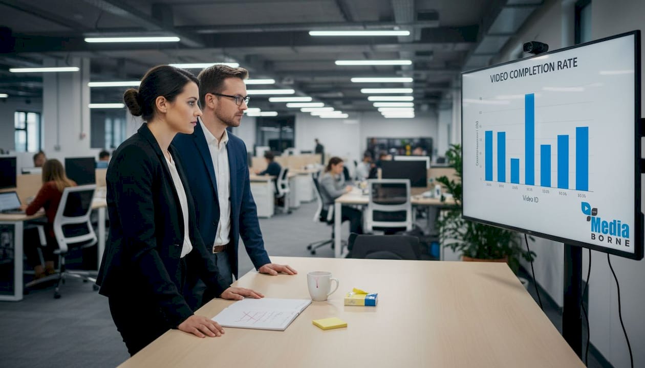 Team reviewing short form video metrics