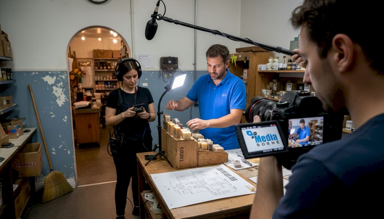 Crew filming business owner video story