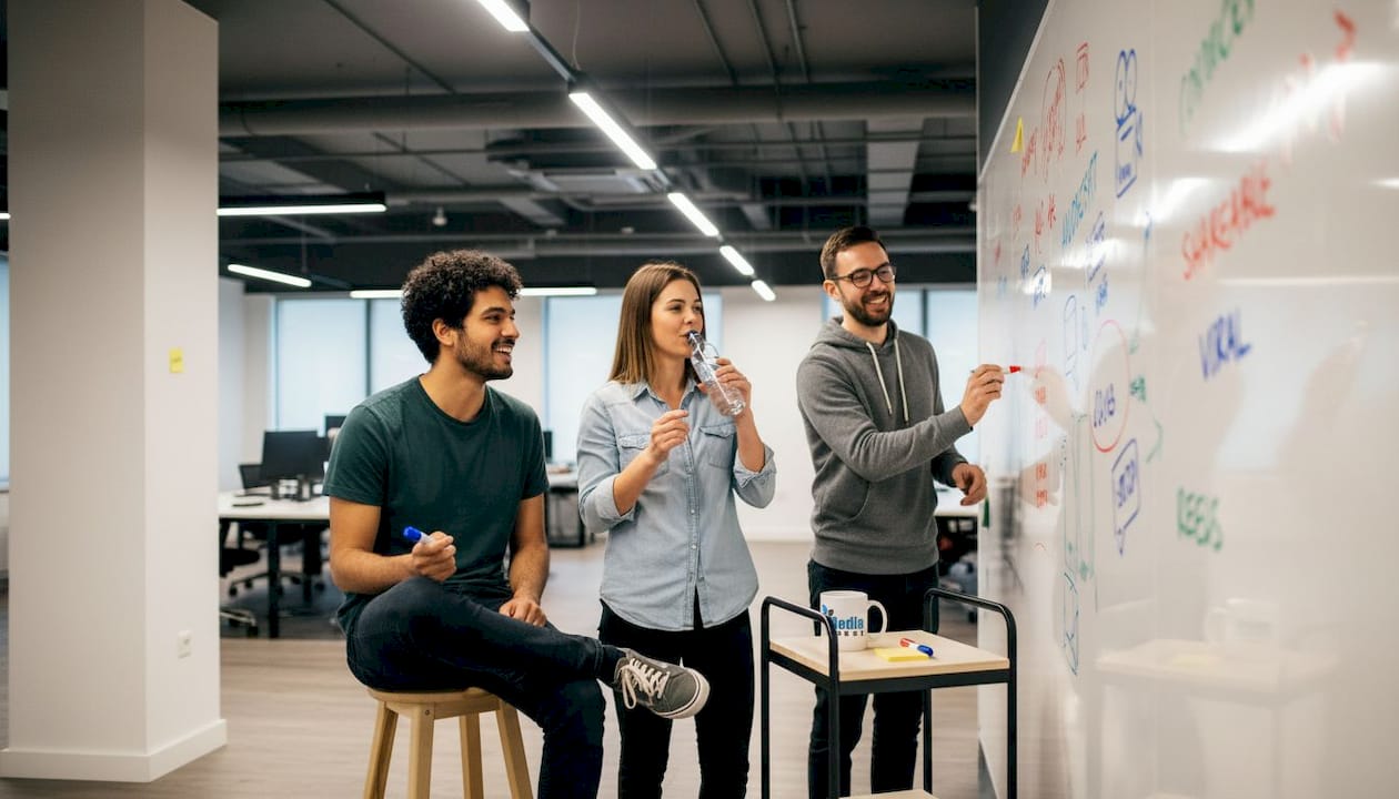 Team developing viral video concepts around whiteboard